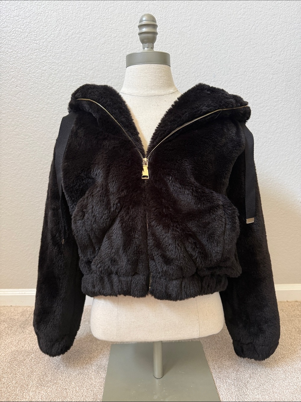 Philosophy Black Teddy Fur Zip-Up Hooded Jacket